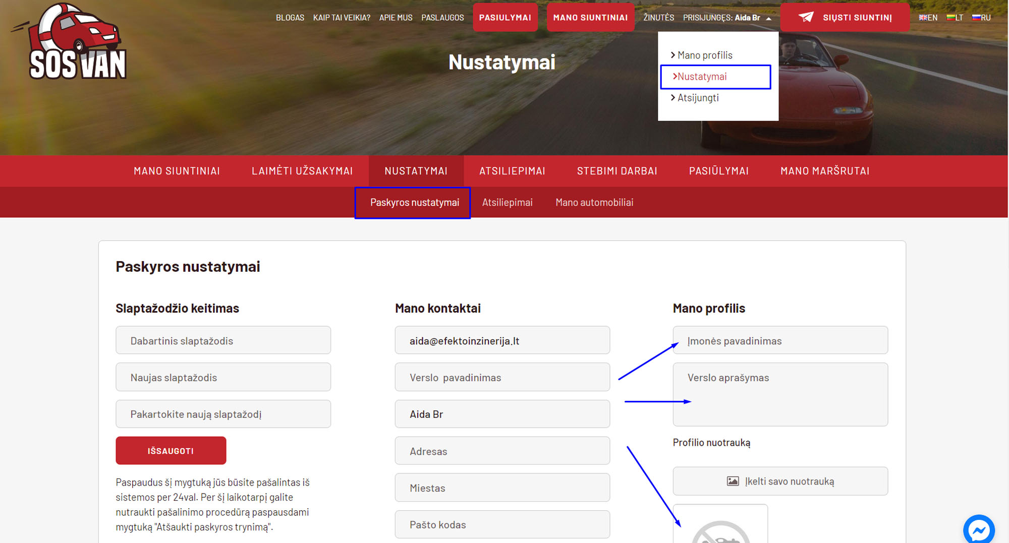 SOSVAN - paskyros nustatymai
